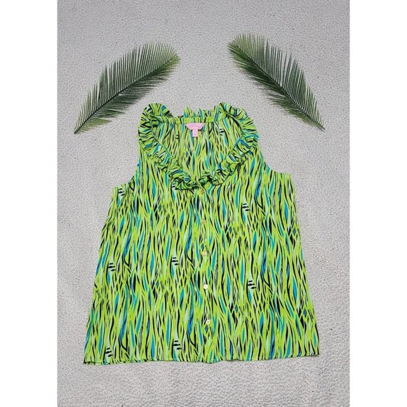 LILLY PULITZER Size 6 Multicolor Graphic Print Sleeveless Silk Ruffle V-Neck Top - Picture 8 of 14